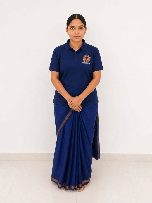 Sri Mokshitha female staff uniform: navy polo with formal saree