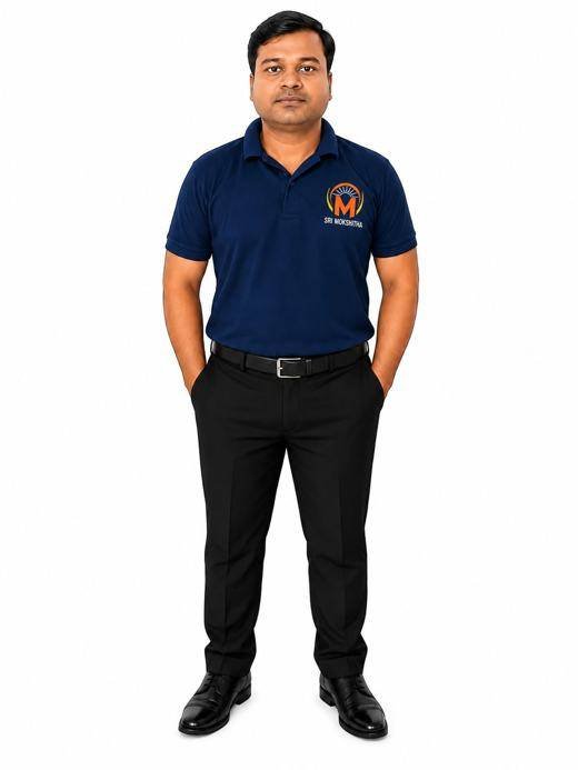 Sri Mokshitha office staff uniform: navy polo, black trousers and formal shoes